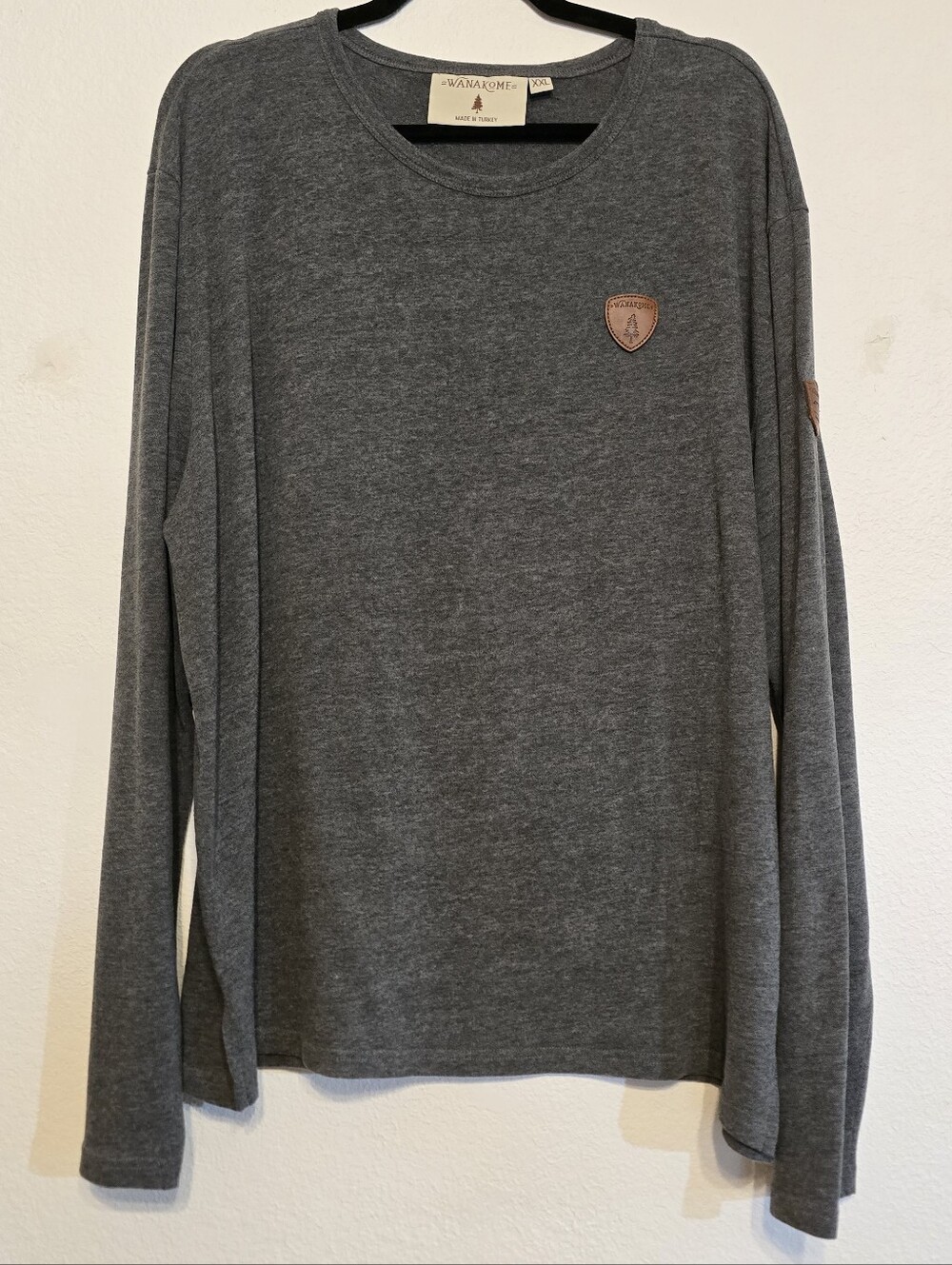 Wanakome Gray Long Sleeve Shirt Crewneck Leather Patch Top XXL Made in Turkey